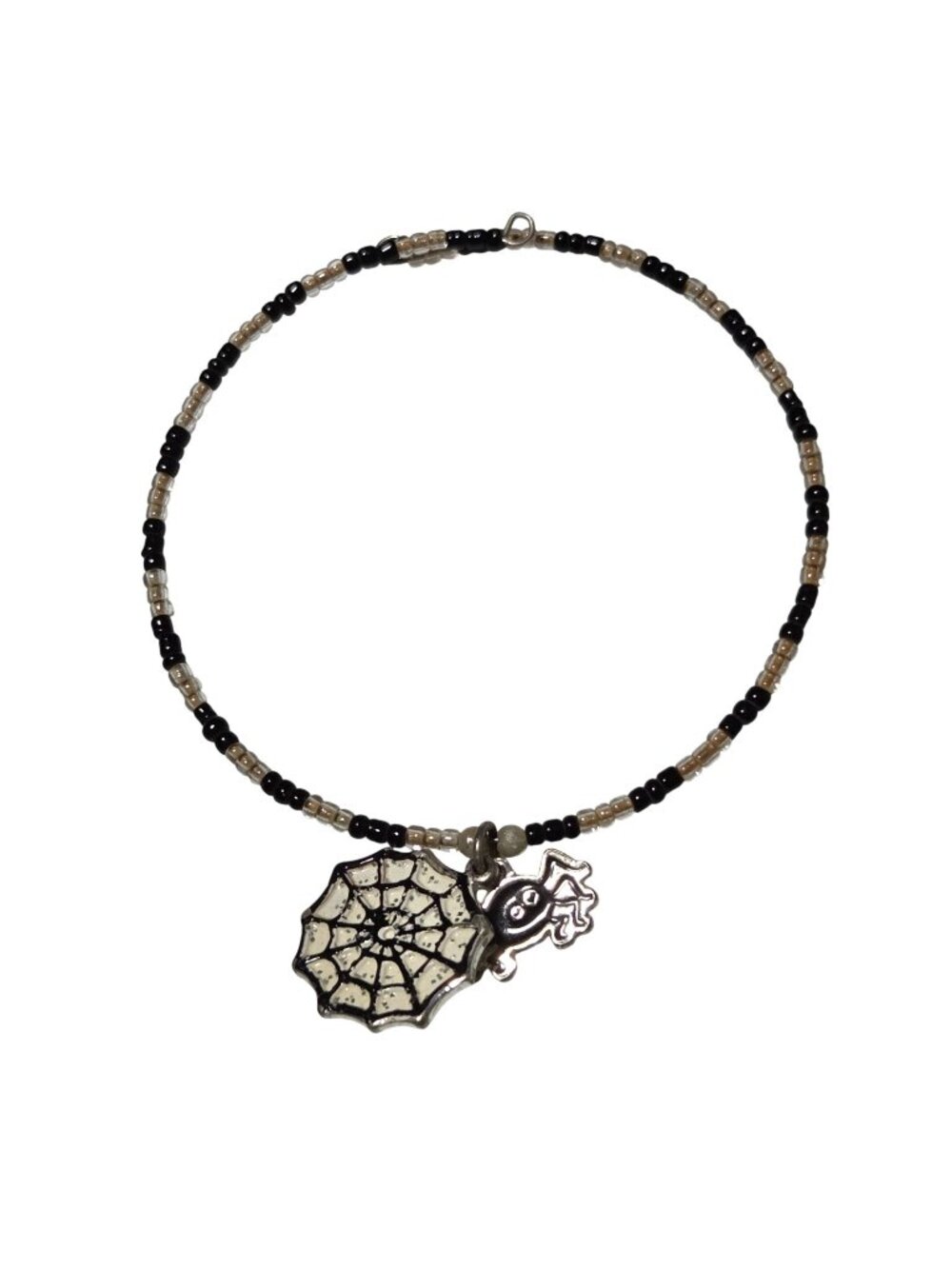 Spider Web Charm Beaded Bracelet Black Beige Accents Halloween Costume Jewelry